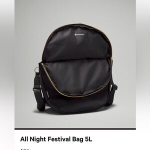 Lululemon Athletica Black All Night Festival Bag 5L. Like new condition!